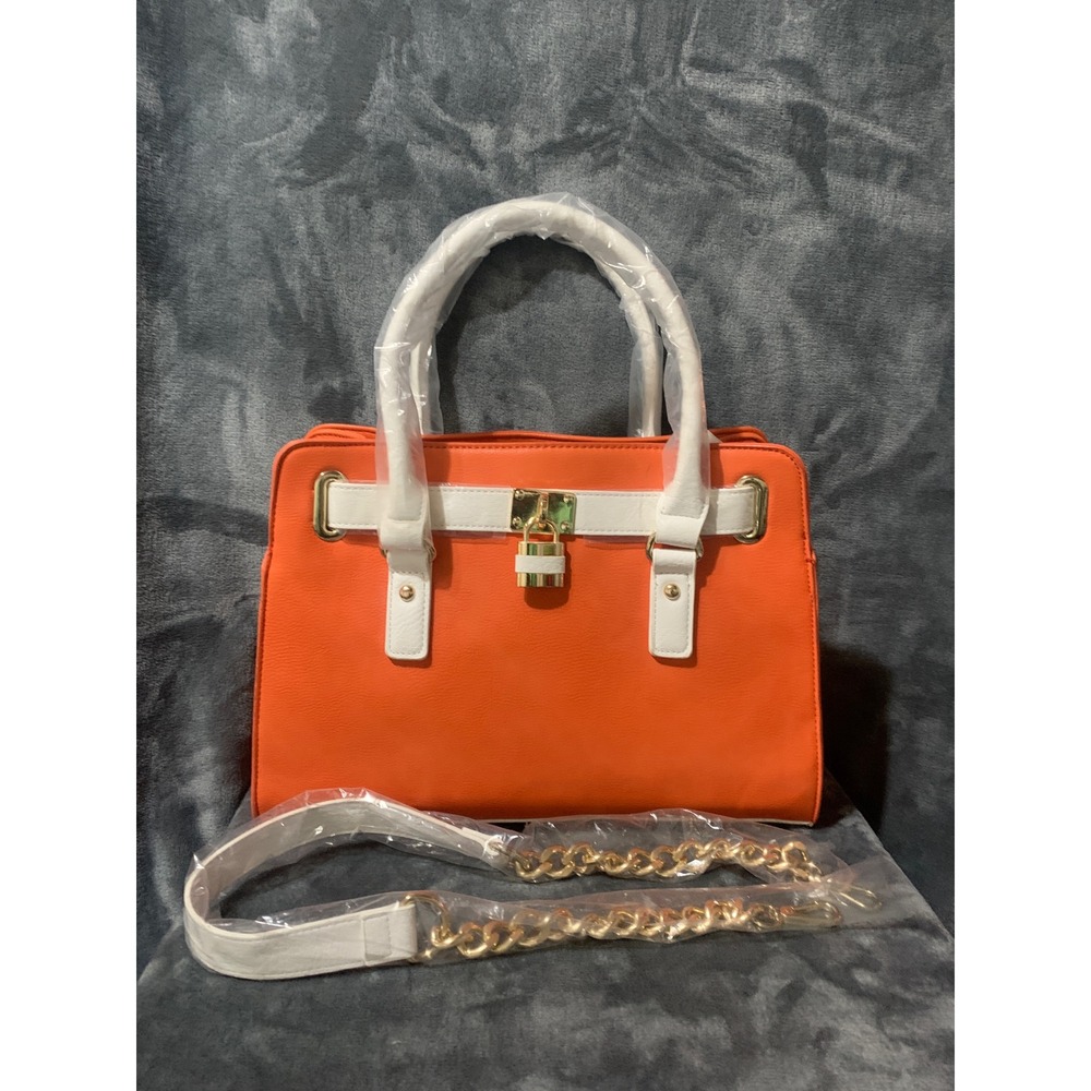 Charming Charlie Satchel Handbag Women Large Orange White Padlock Detail